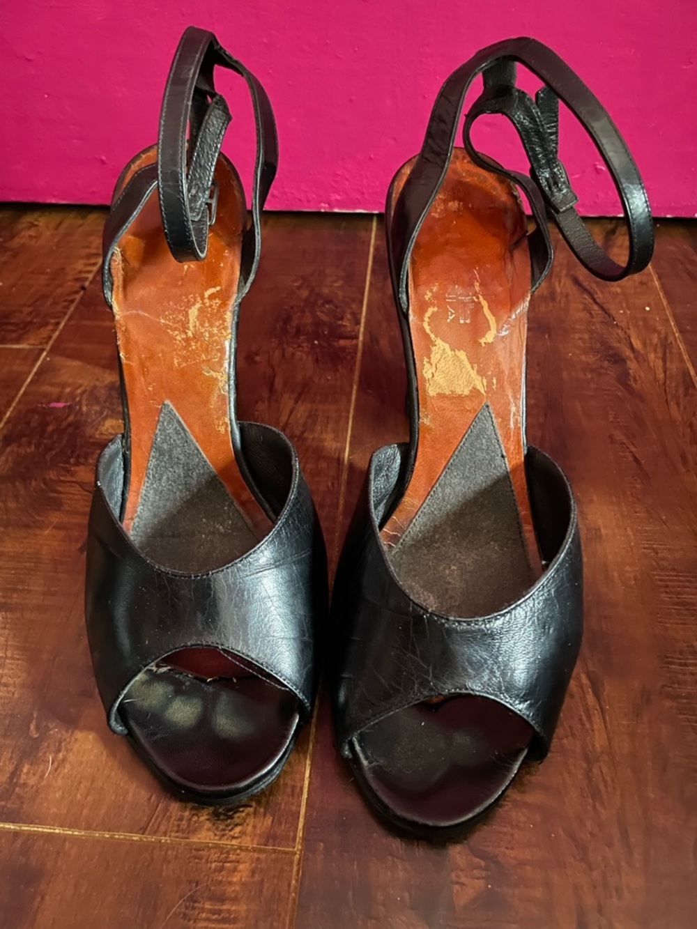 Vtg 1950’s Black leather Open-Toe Ankle-Strap Bettie Page High Heels Women 8.5 - Picture 7 of 8